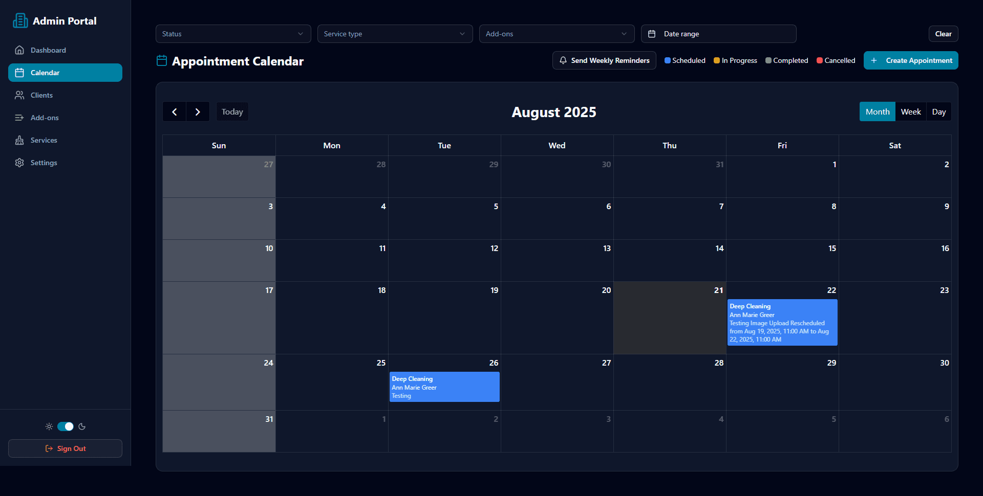 Admin Calendar Management